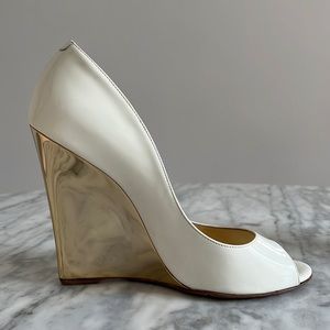 Jimmy Choo Gold and White Patent Leather Peep-Toe Wedge